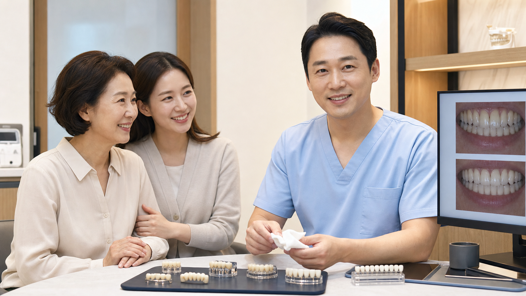치과 상담실에서 자연스러운 치아 색을 상담받는 환자