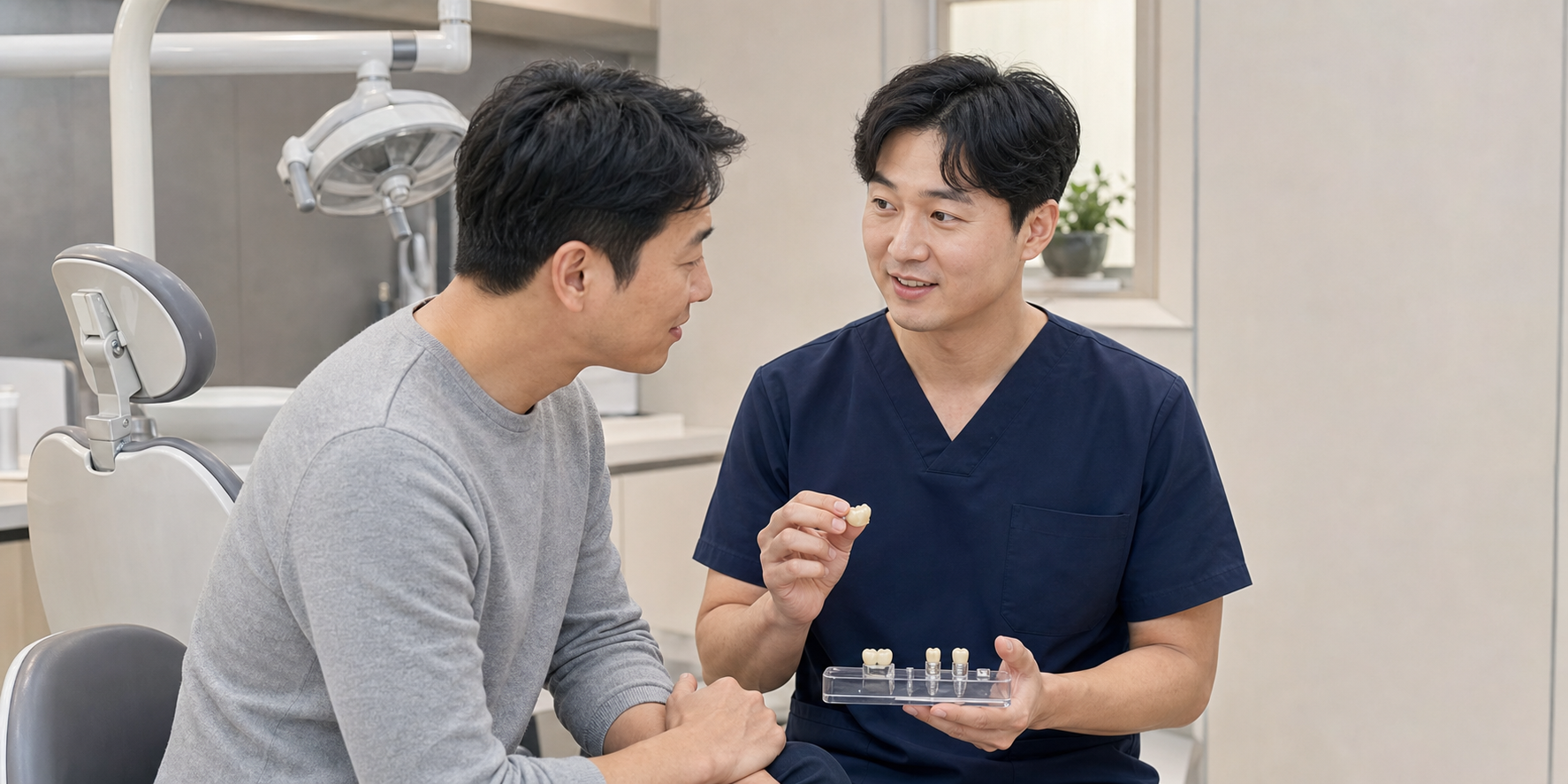 치과에서 보철 크라운 장착 후 결과를 확인하는 환자